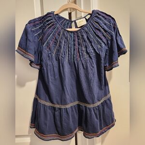 Maeve By ANTHROPOLGIE Midnight Blue Blouse with Multicolor Stitching M